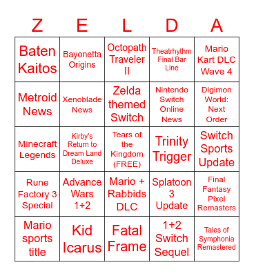 Nintendo E3 Bingo! Bingo Card