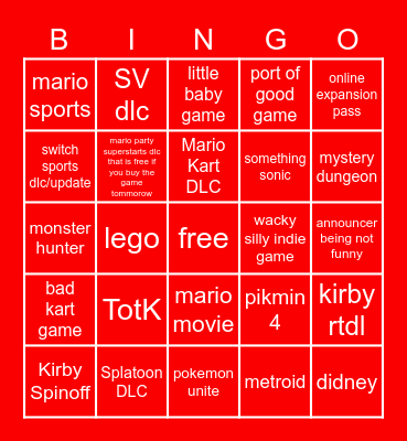 Nintendo Direct Bingo Card