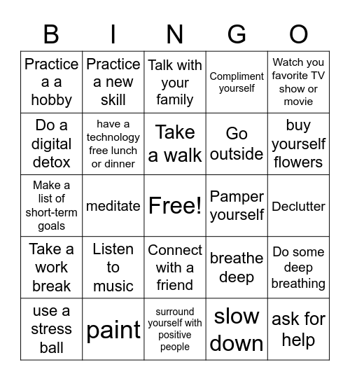 Reduce Stress Bingo Card