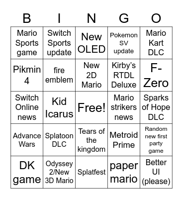 Nintendo Direct Winter 2023 Bingo Card