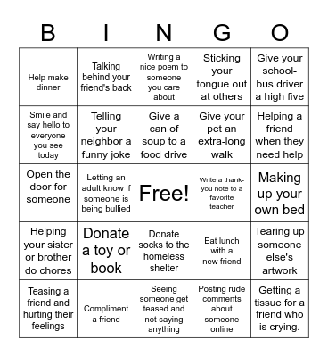 Counselor Weaver's Kindness Bingo Game Bingo Card