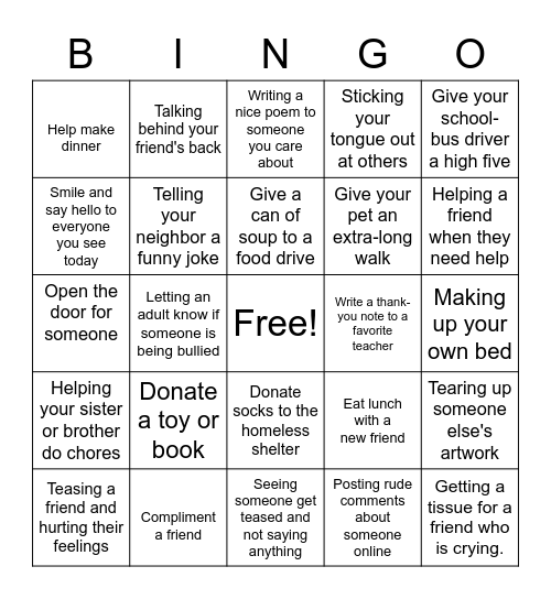 Counselor Weaver's Kindness Bingo Game Bingo Card
