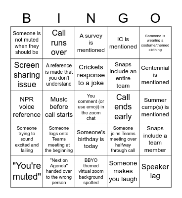 Staff Call Bingo Card