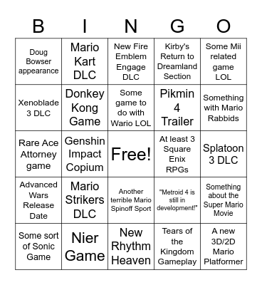 Nintendo Direct Bingo Card