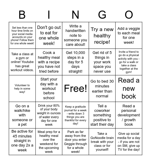 Geggie Wellness Bingo Card