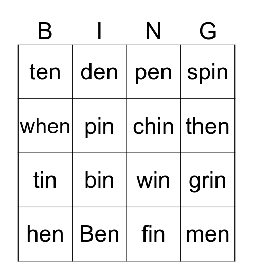 -en & -in Bingo Card