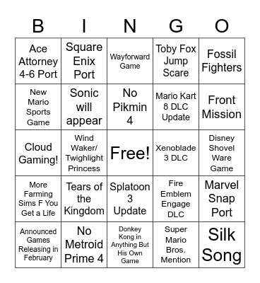 Nintendo Direct Bingo Card