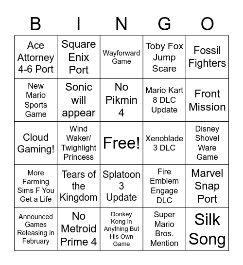 Nintendo Direct Bingo Card