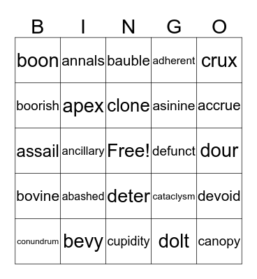 100 Vocabulary Words Bingo Card