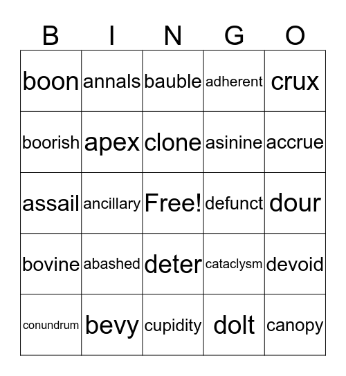 100 Vocabulary Words Bingo Card