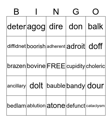 100 Vocabulary Words Bingo Card