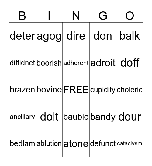 100 Vocabulary Words Bingo Card