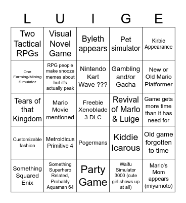 Nontendo Direction Bingo Card