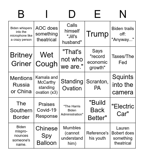 State of the Union Bingo Card