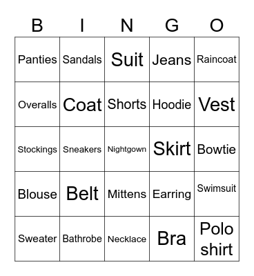 Clothes and accessories Bingo Card