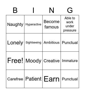 Vocabulary for this week Bingo Card