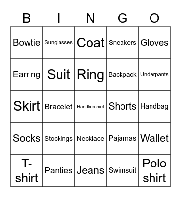 Clothes and accessories Bingo Card