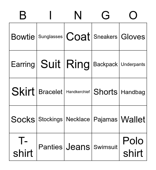 Clothes and accessories Bingo Card