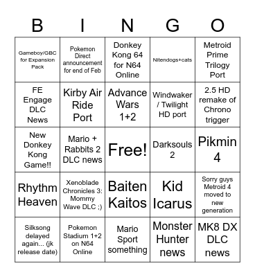 Nintendo Direct Feb 2023 Bingo Card
