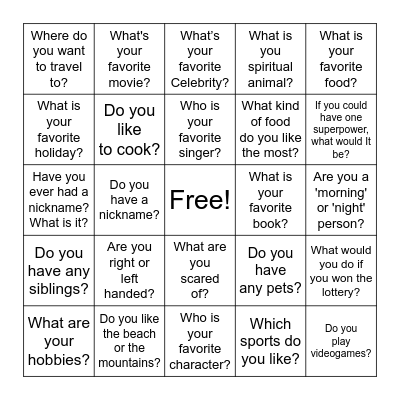 Get to know each other Bingo Card