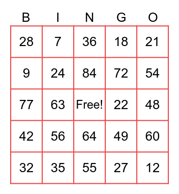 Multiplication Bingo Card