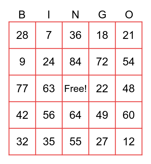 Multiplication Bingo Card