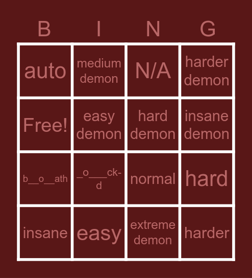 difficulty Bingo Card