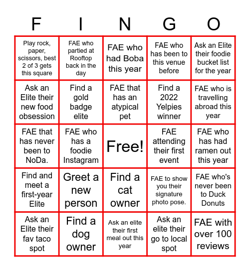 ELITE "FINGO" ~ Find an Elite (FAE) Bingo Card