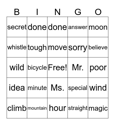 1R Bingo Card