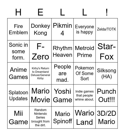 Nintendo Direct Bingo Card