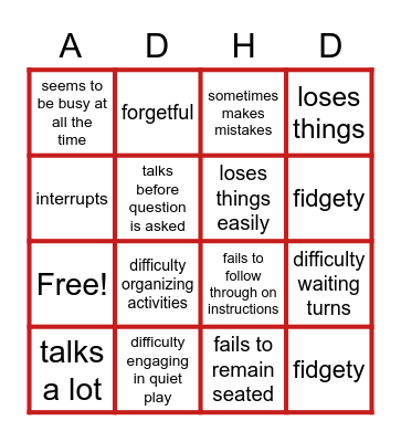 ADHD symptoms and Behvaiors Bingo Card