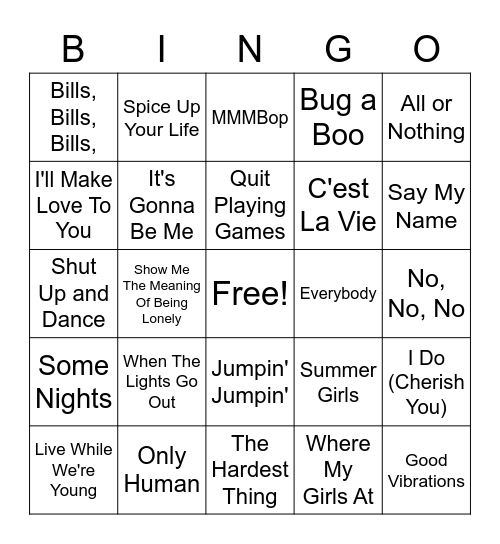 Boy/Girl Bands Bingo Card