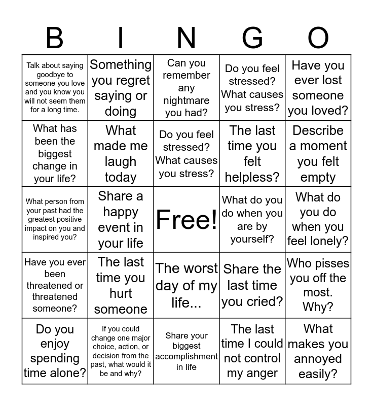 Mood, Feelings, Emotions Bingo Card
