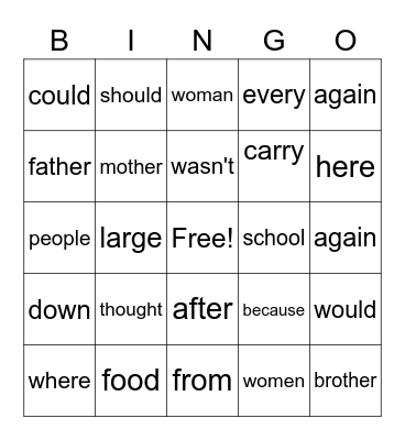 Sight Words Bingo Card