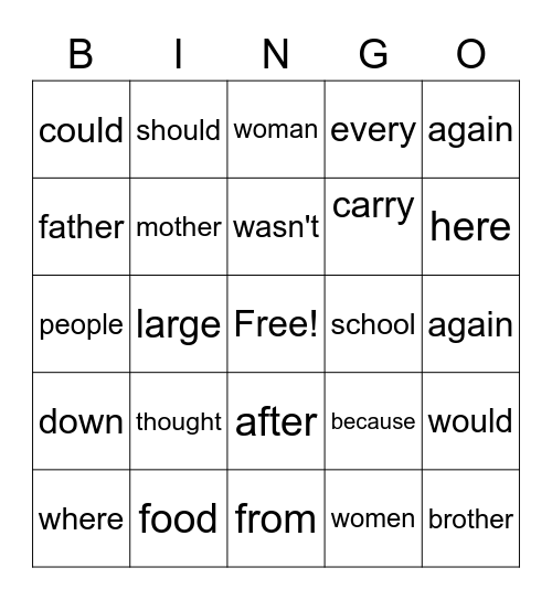 Sight Words Bingo Card