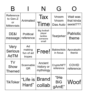 Superbowl Ad Bingo Card