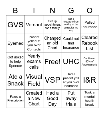 reception Bingo Card