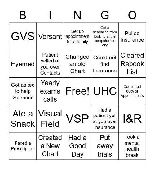 Reception Bingo Card