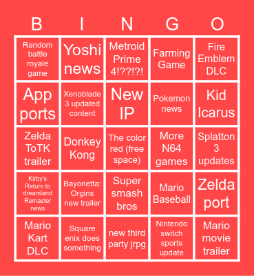 Nintendo Direct Bingo. Bingo Card