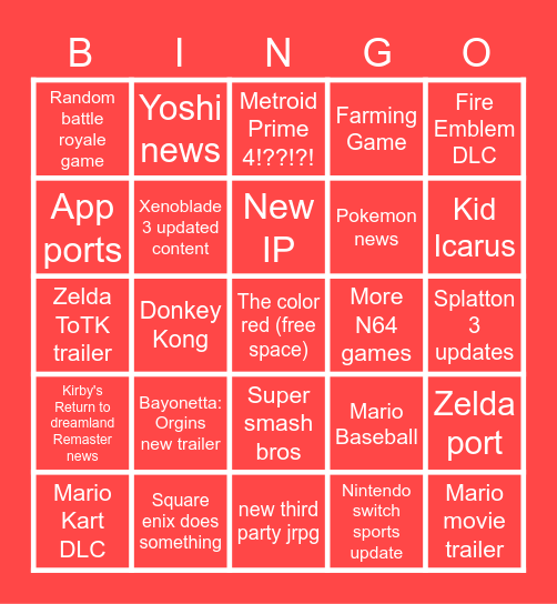 Nintendo Direct Bingo. Bingo Card