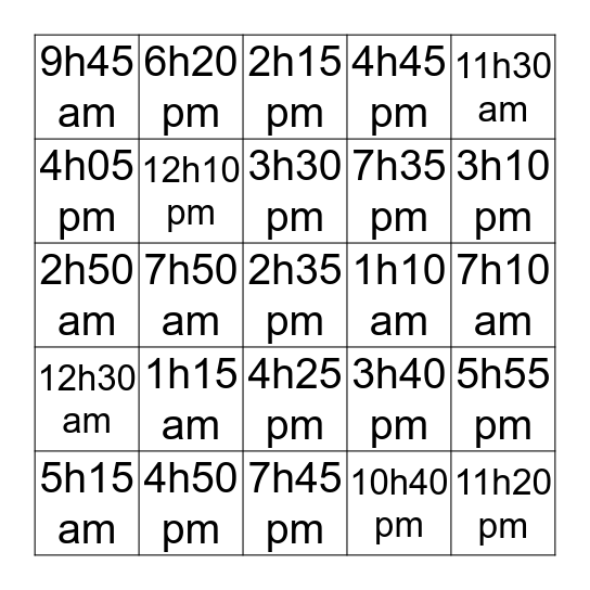 Quelle heure est-il? Bingo Card