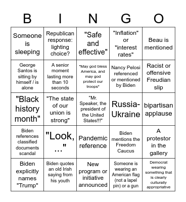 State of the Union 2023 Bingo Card