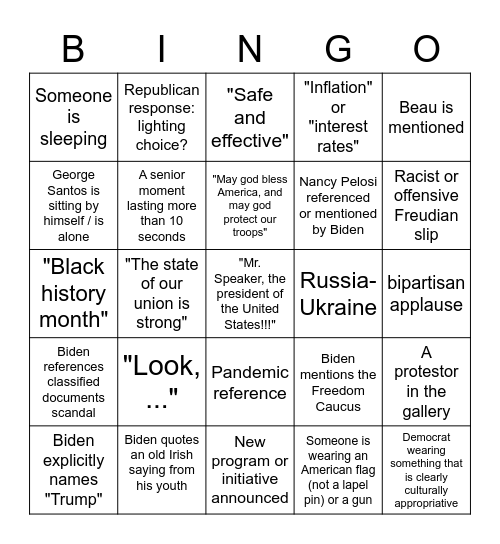 State of the Union 2023 Bingo Card