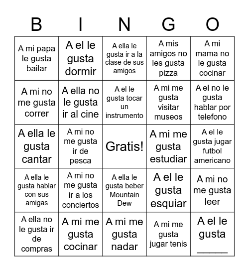 A quien le gusta...? Bingo Card