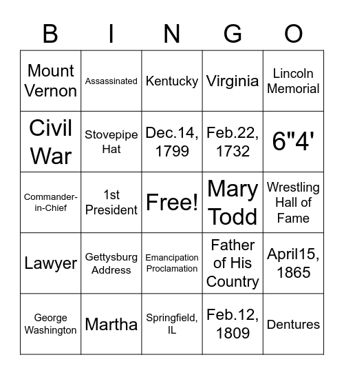 Presidents Day Bingo Card