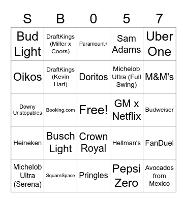 Super Bowl Commercial BINGO Card