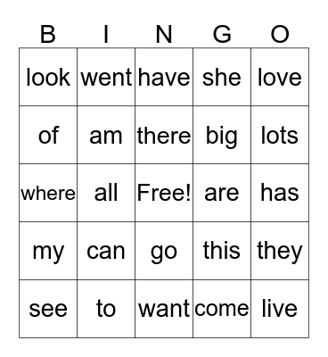 1G Bingo Card