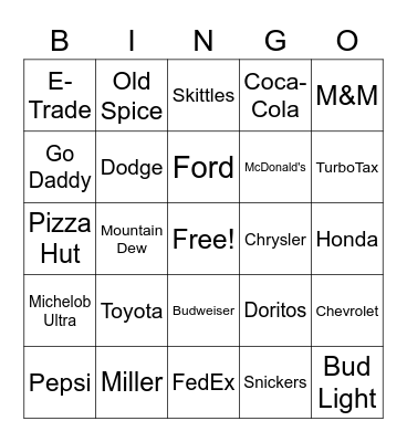 SuperBowl Commercial BINGO Card