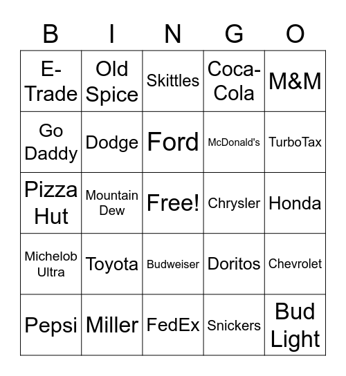 SuperBowl Commercial BINGO Card