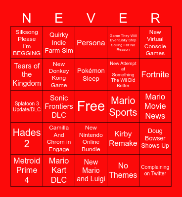 Nintendo Direct Bingo Card